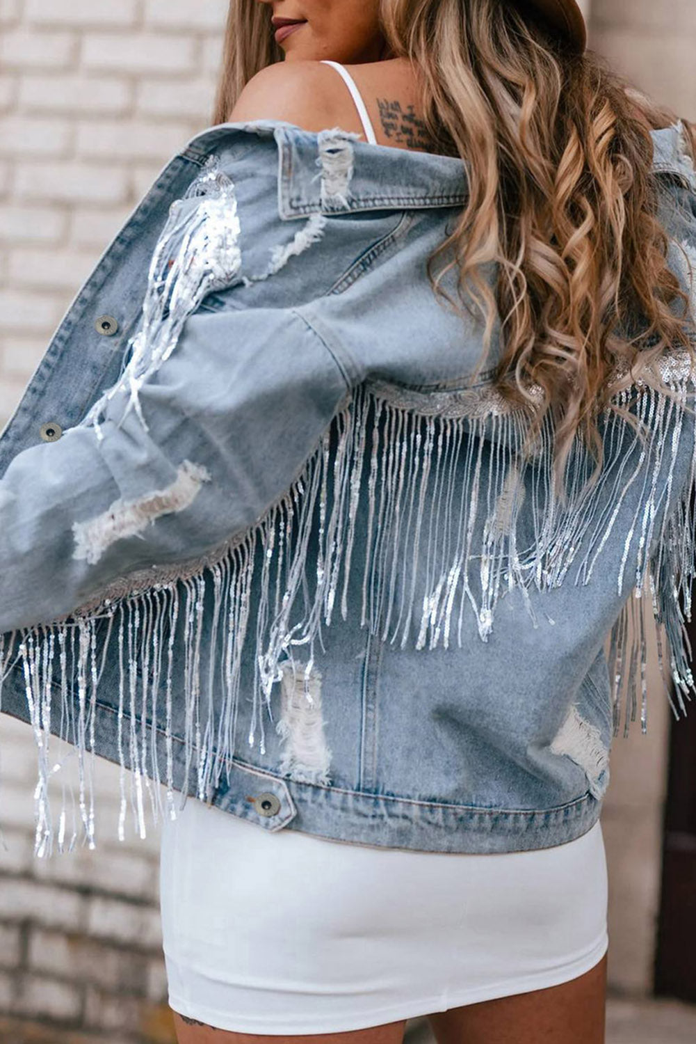 Sequin Fringe Trim Distressed Button Up Denim Jacket