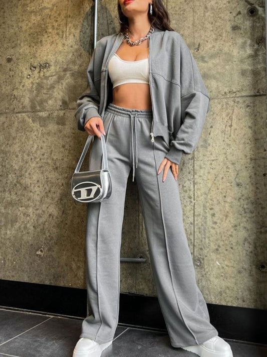 Baseball Collar Zip Up Jacket and Drawstring Pants Set