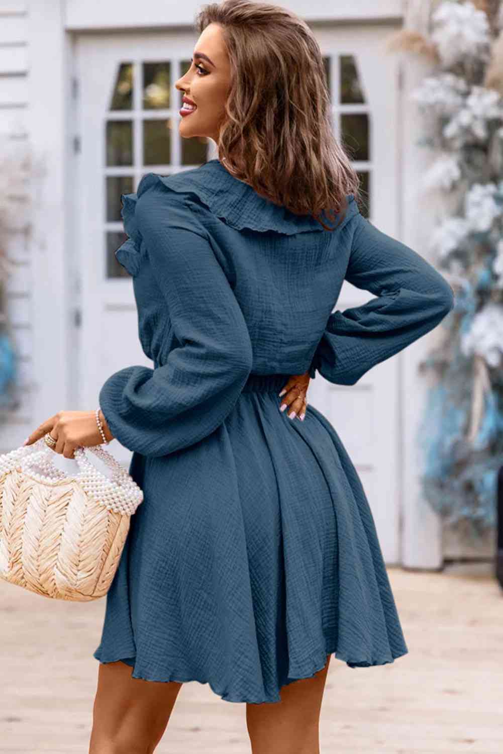 Ruffle Trim V-Neck Long Sleeve Dress