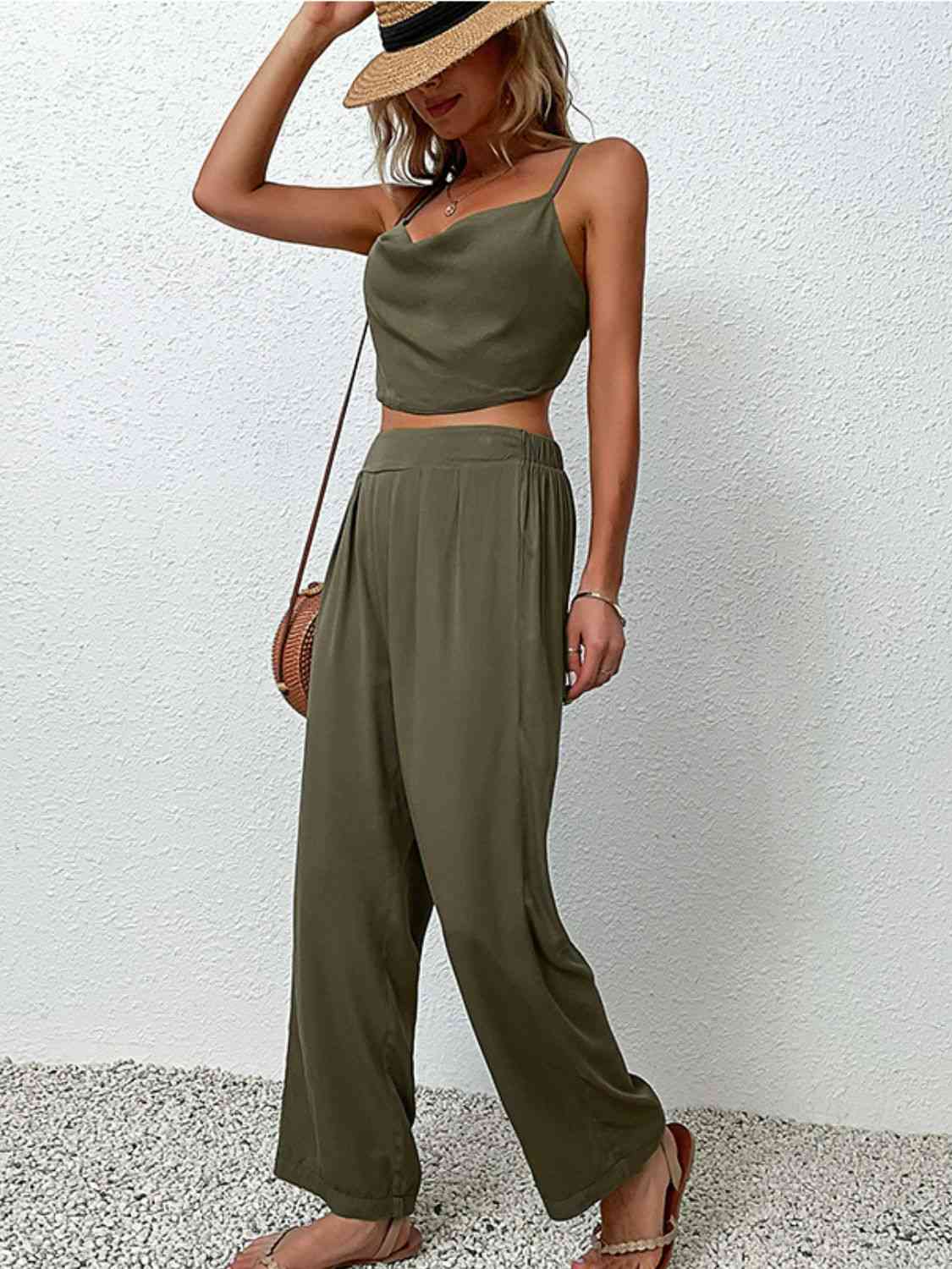 Crisscross Back Cropped Top and Pants Set