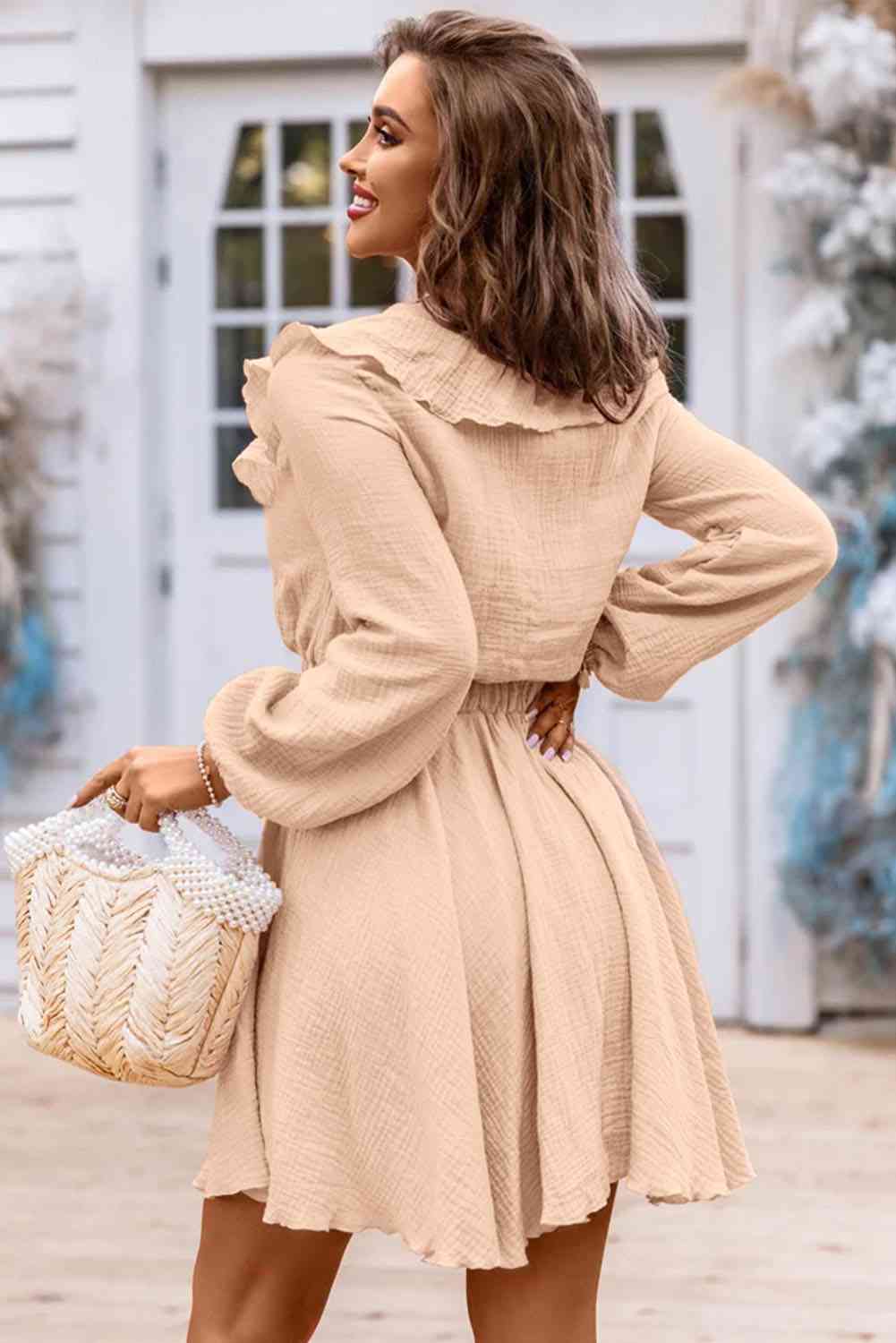 Ruffle Trim V-Neck Long Sleeve Dress