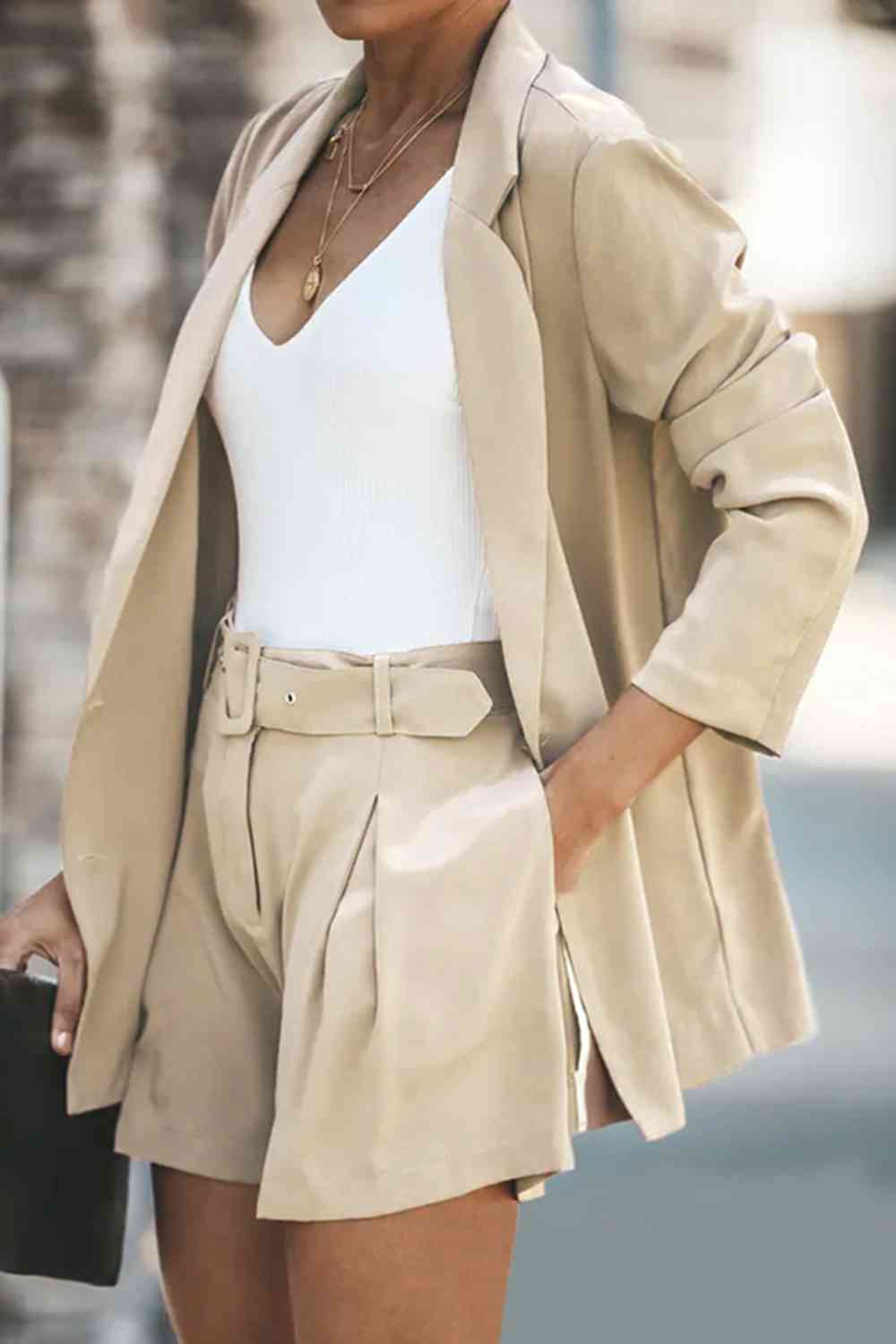 Longline Blazer and Shorts Set with Pockets