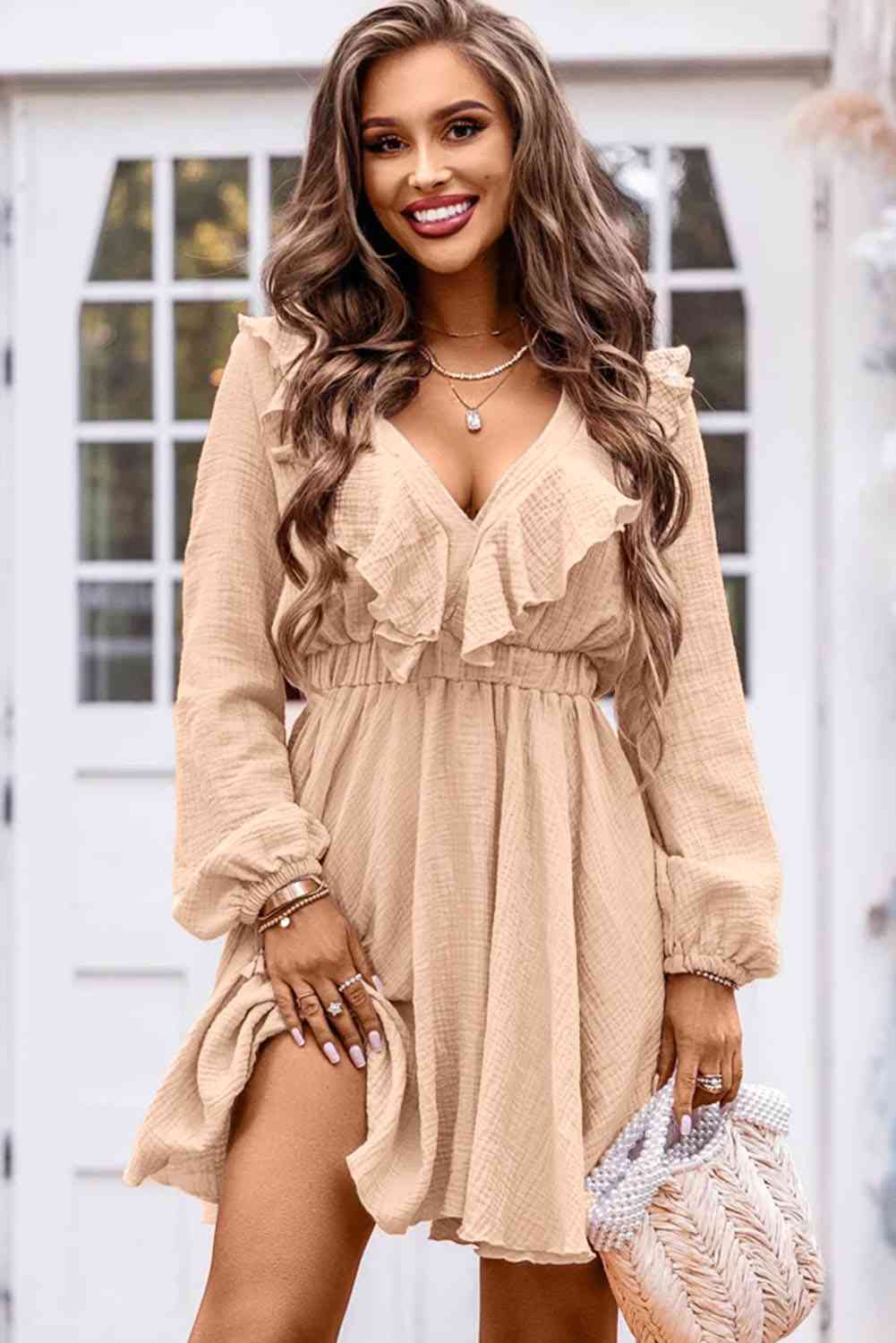 Ruffle Trim V-Neck Long Sleeve Dress