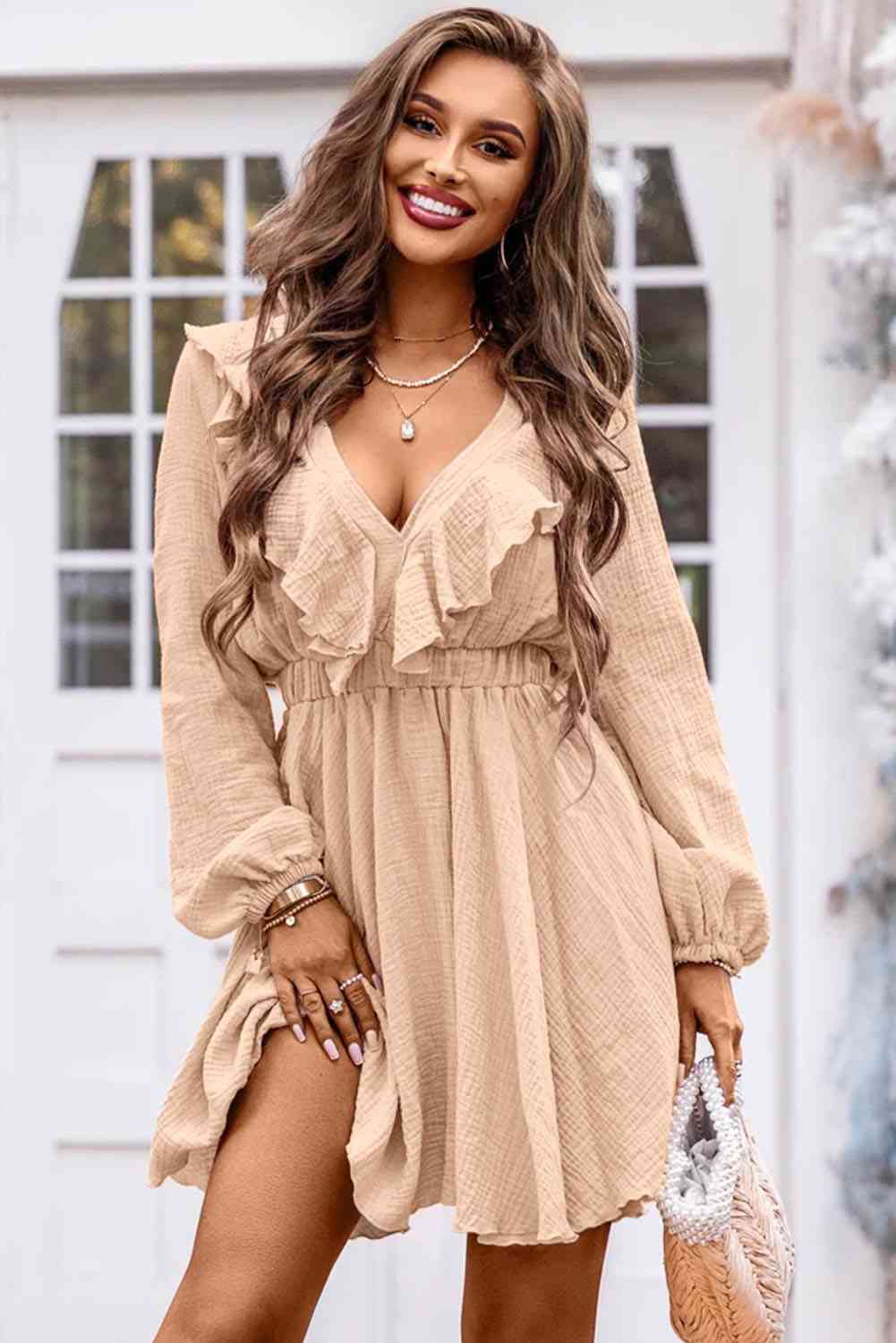 Ruffle Trim V-Neck Long Sleeve Dress