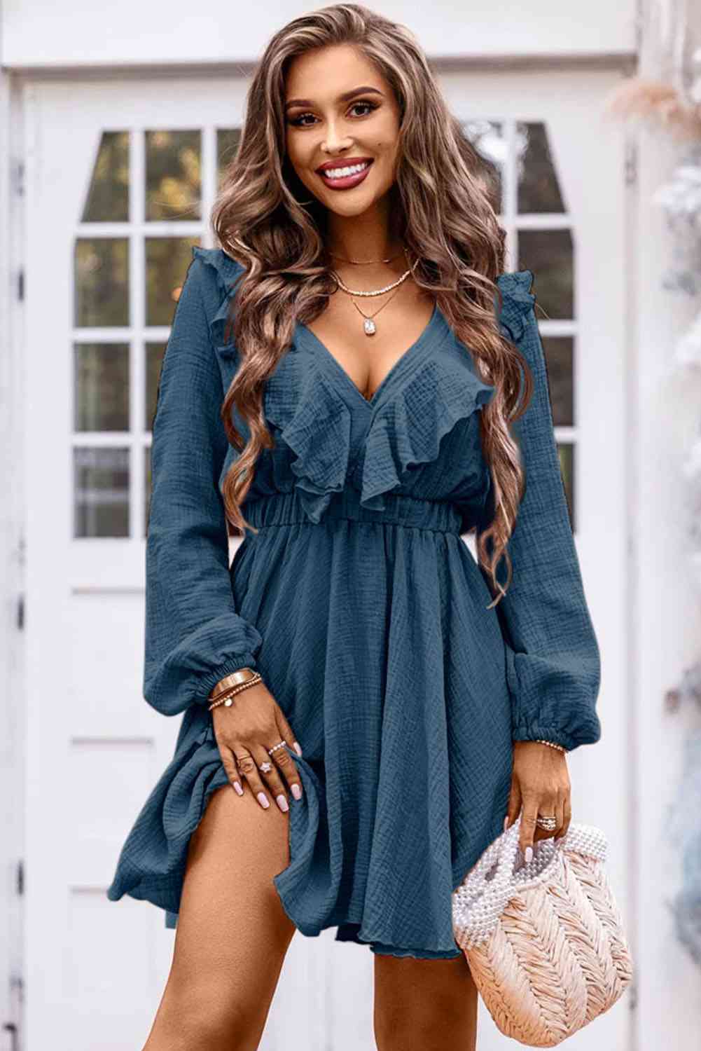 Ruffle Trim V-Neck Long Sleeve Dress