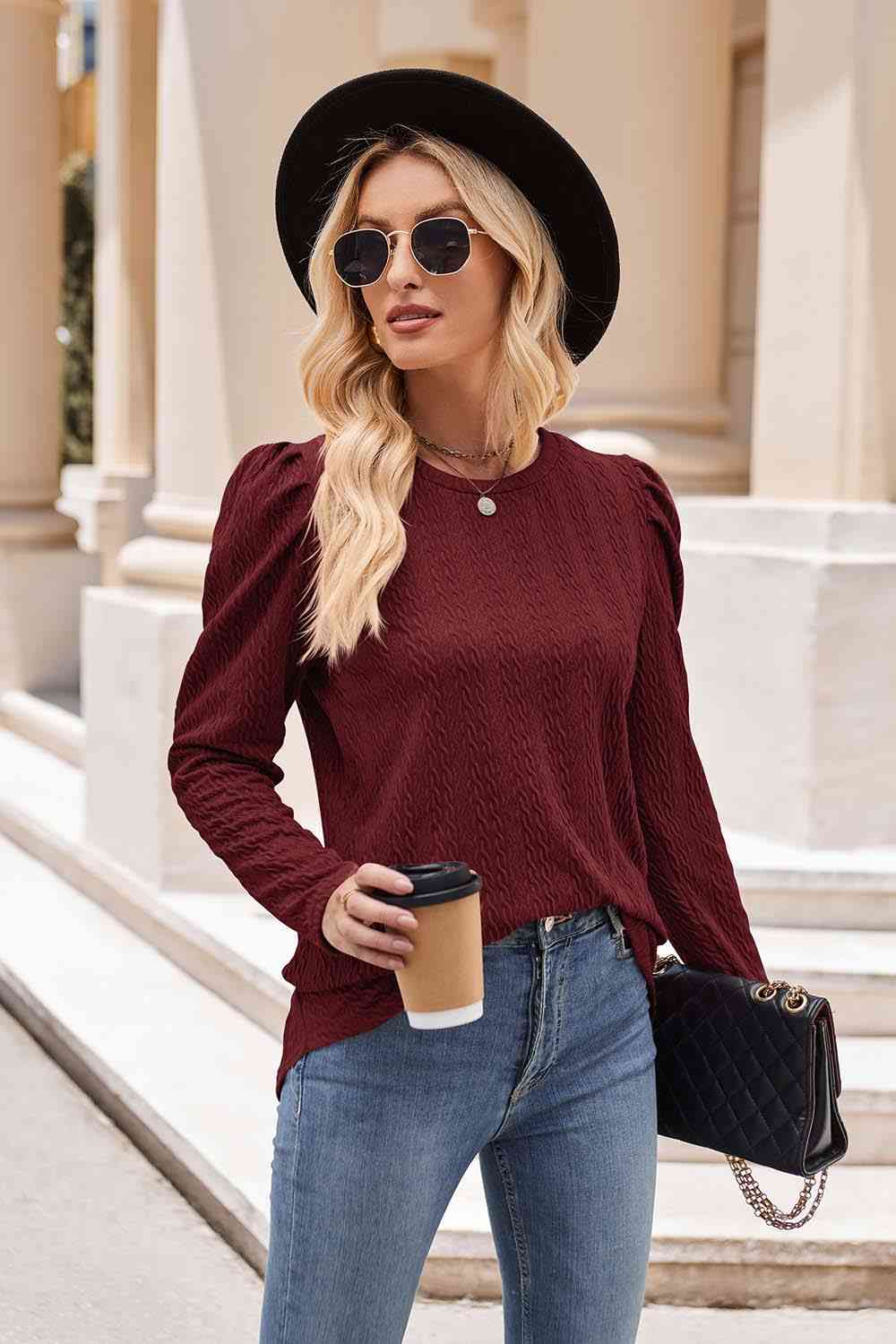 Round Neck Puff Sleeve Blouse