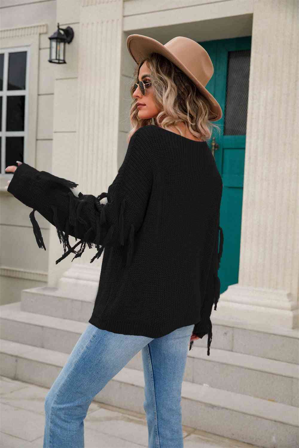 Ribbed Round Neck Fringe Detail Sweater