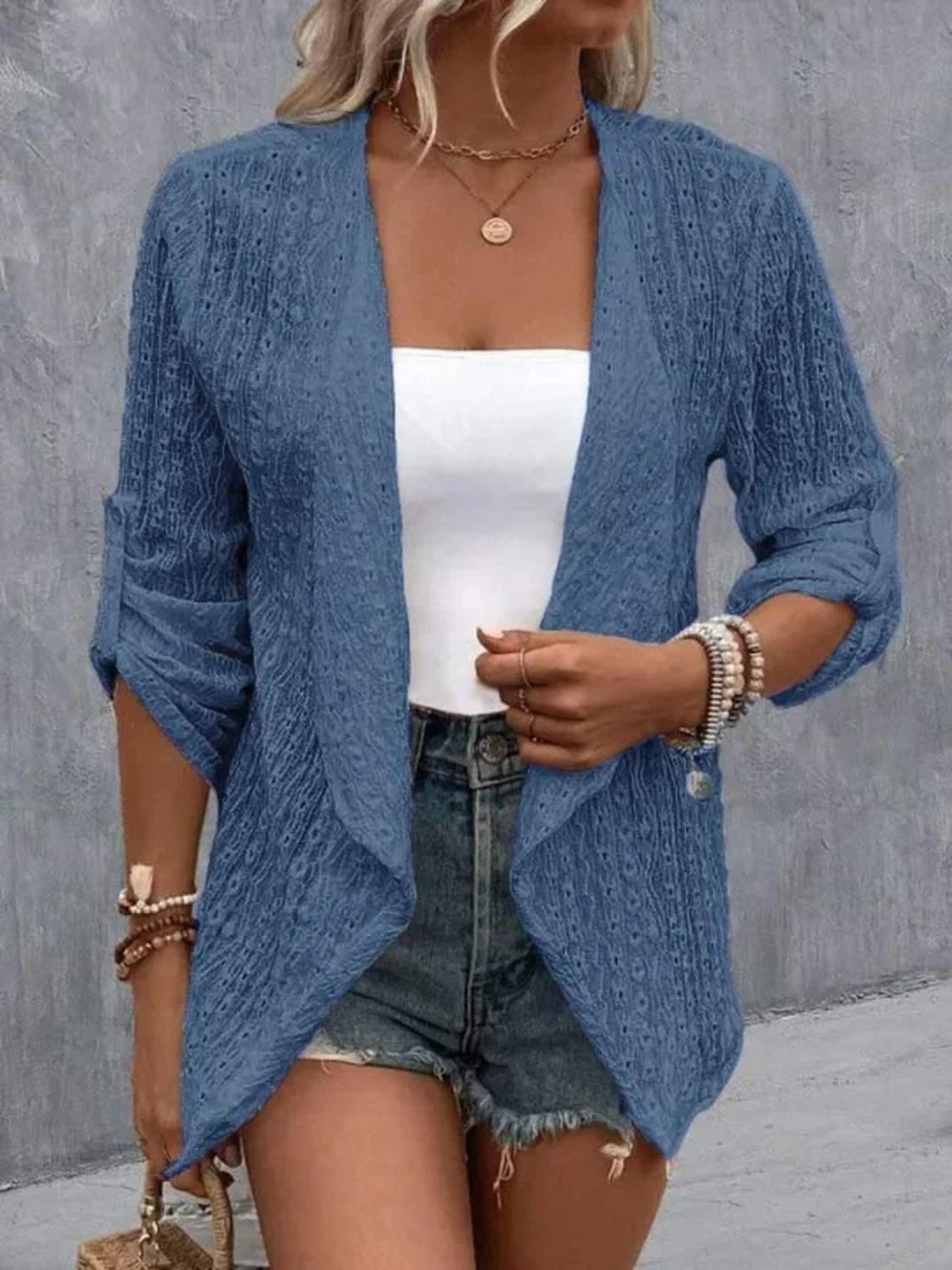 Eyelet Roll-Tab Sleeve Cardigan