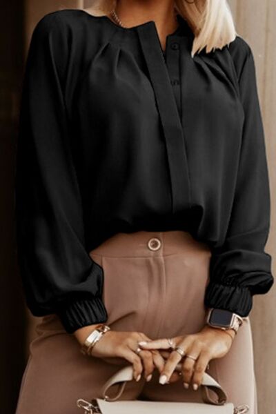 Button Up Round Neck Long Sleeve Shirt