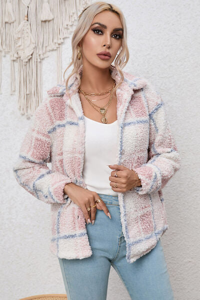 Plaid Button Up Collared Neck Long Sleeve Jacket