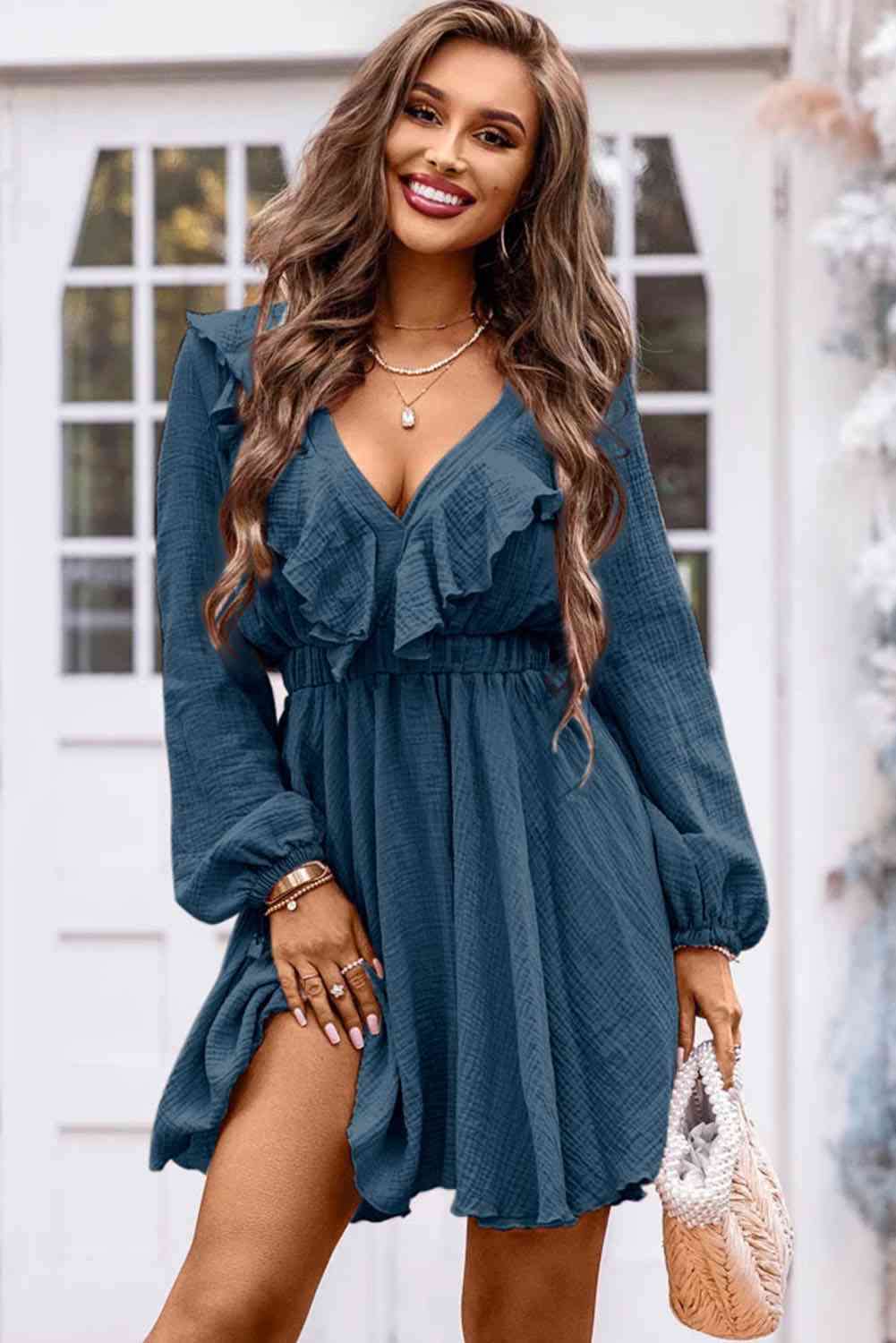 Ruffle Trim V-Neck Long Sleeve Dress